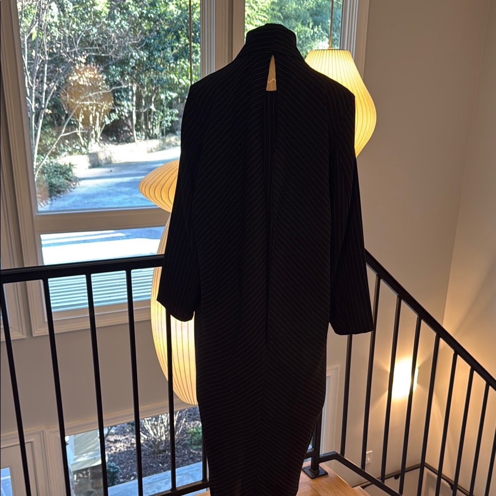 ELM Pinstriped Black Dress with Mandarin Collar and Bishop Sleeves - Picture 4 of 11